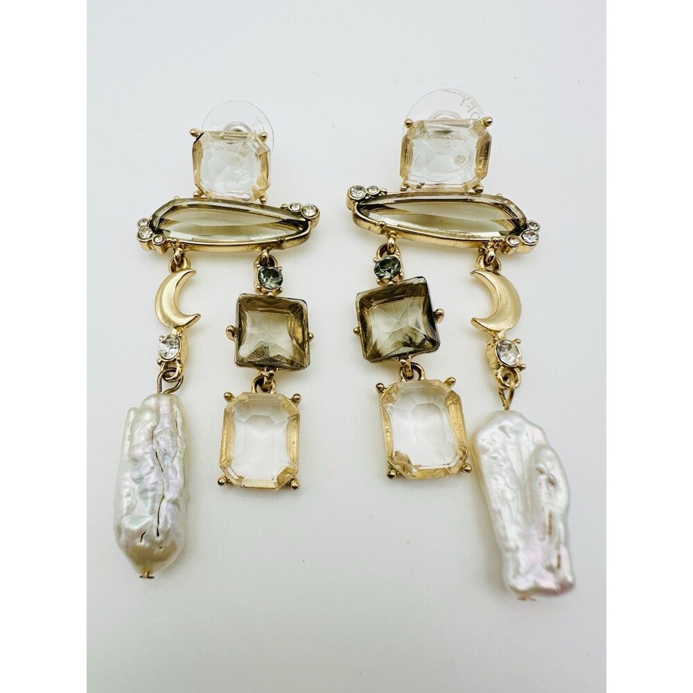 Gold Tone Crystal Baroque Pearl Statement Earrings